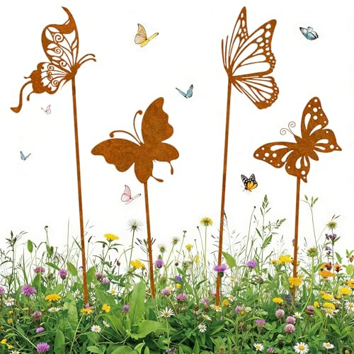SOETDERT Juego de 4 tapones para jardín, diseño de mariposas, decoración de jardín, de metal oxidado, decoración de primavera, resistente a la intemperie, para jardín, vallas, terraza, balcón