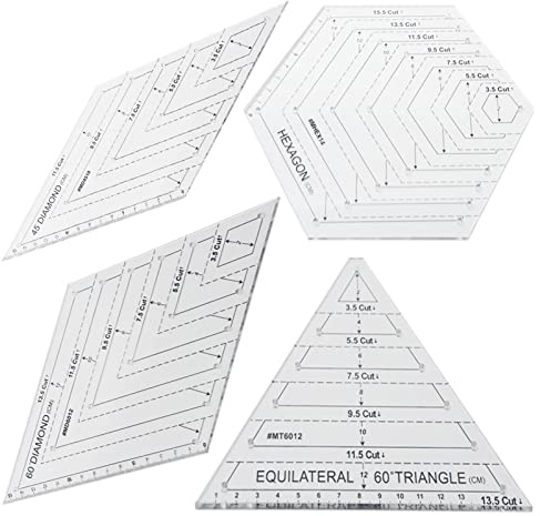 Quilting Rulers, 4pcs Sewing Ruler with 60 Degree Triangle and Diamond, 45 Degree Diamond, Hexagon Shape Templates, Transparent Patchwork Sewing Cutting Craft Ruler(transparent)