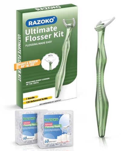 RAZOKO Flosser-kit, striml-resistent, sätt in och rotera 90° till 135° för svåråtkomliga områden, PTFE och PFAS-fri, 1 handtag + 120 påfyllningshuvuden, grön
