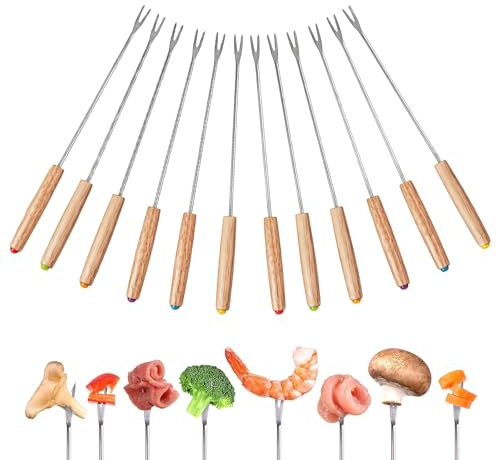 TenaLucy 12 Piezas Tenedores Acero Inoxidable, Queso Tenedores, con Mango Resistente Color Madera, Varillas De Fondue Cubiertos Aptos Adecuado para Chocolate Carne Malvaviscos (24CM)