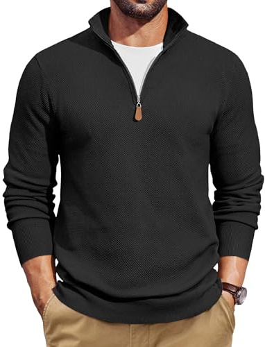 COOFANDY Mens Half Zip Jumpers Mock Neck Pullover Long Sleeve Black L