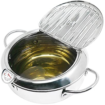 KOMONG Tempura Deep Frying Pot 3.4L, 304 Stainless Steel Deep Fryer pot with Fahrenheit Thermometer and Oil Draining Rack for Tempura chips, Fish, and Chicken