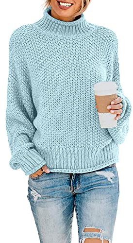 YUNDAI Womens Jumpers Turtleneck Batwing Long Sleeve Loose Oversized Sweater Knitted Pullover Solid Color Chunky Tops for Winter, Large Aqua Blue
