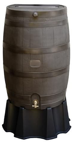 RTS Home Accents 50-Gallon Rain Barrel, Flat Back Rain Water Collection Barrel, Stand Included, Walnut Color