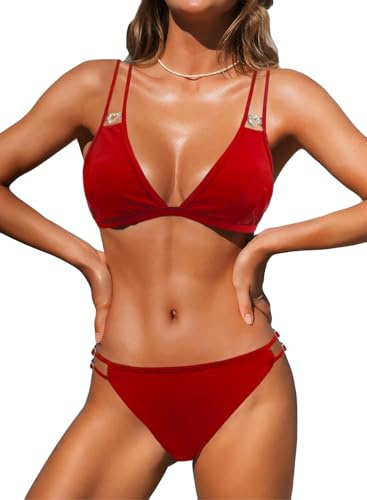 NLAND Maillot de Bain Femme 2 Pieces Ensembles Bikini avec Réglable Halter Bikini Triangle Top Taille Basse Bas de Maillot String Swimwear Beachwear（Rouge,S）