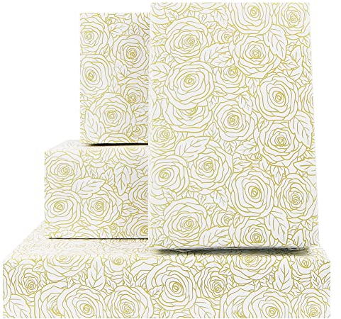 Geschenkpapier, goldenes Rosenmuster in weißem Kunstdruckpapier, für Hochzeiten, Muttertag, Geburtstage, Babypartys, Brautpartys, Valentinstag oder jeden Anlass (4 Blätter)