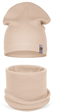 HEYO Kinder Beanie Mütze Schlauchschal Set für Mädchen Jungen Frühling Strickmütze Schal (Beige)