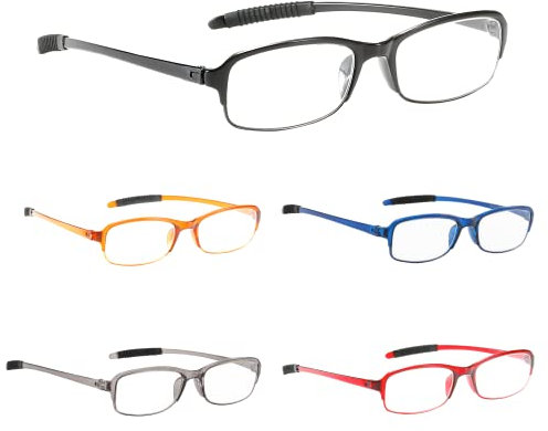 NRDIK PROFLEX LIGHTWEIGHT lunettes de lecture (pack de 5) antichoc, anti-rayures, souple, flexible, antidérapant, unisexe (femmes + hommes) (Oval, BLK, GRY, BRN, RED, BLU; +3.5)