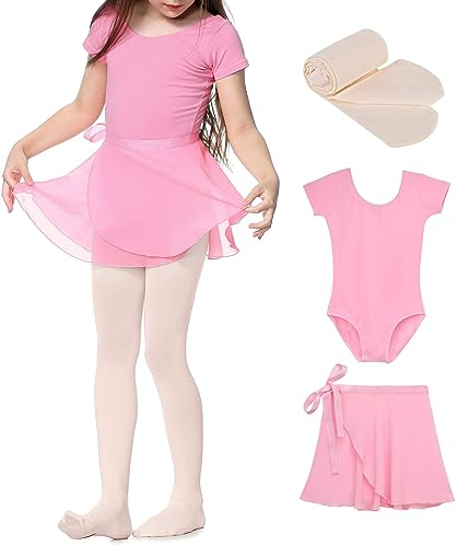 Durio Kinder Ballettkleidung Mädchen Ballettkleid Tanzkleid Mädchen Baumwolle Kurzarm Balletttrikot Mit Röcke und Leggings Rosa 3-4 Jahre
