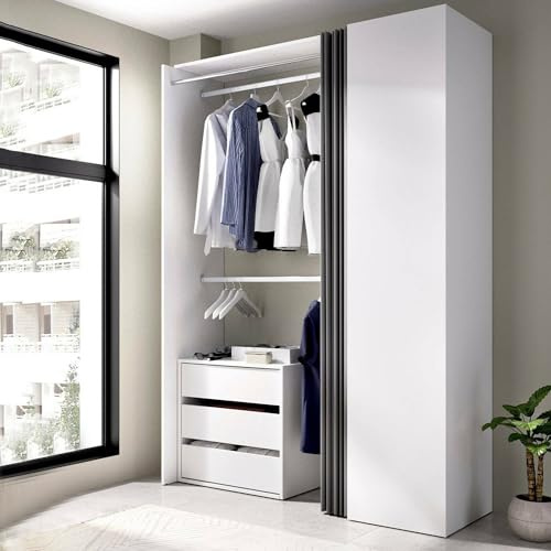 Dmora Guardaroba Grande Sciliar 52x205h cm Bianco 4 Ripiani Appendiabiti, Armadio Camera da Letto 3 Cassetti