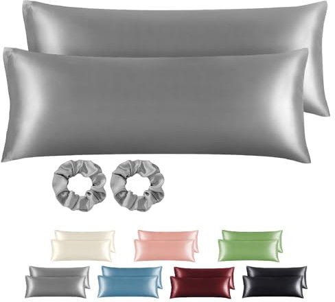 BEDELITE Satin Kissenbezug 40x145 Grau - Seitenschläferkissen Bezug 40 x 145 2er Set mit 2 Haargummis wie Seidenkissenbezug, Kopfkissenbezug 145x40 für Seitenschläfer Kissen