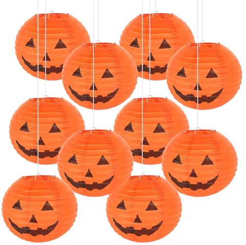 Kesote 10 Piezas Linternas Halloween Papel Linternas de Papel Decoración Redondos Farolillos Linternas de Calabazas para Colgar Decoraciones para Fiestas de Halloween Naranja 20 x 20 cm