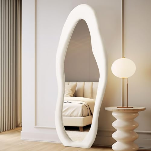Specchio Irregolare ondulato, grande intero specchio da terra parete per tutto il corpo, specchio con cornice in legno avvolto in flanella, da appoggiare, da appendere o inclinare, bianco, 160x60 CM