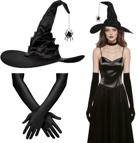 TaleMoon Chapeaux de Sorcière Femme pour Halloween,Gants Stretch de Sorciere,Chapeau Sorciere Noir Femme avec Pendentif Araignée,Accessoire de Costume Adulte pour Fête Cosplay Carnaval