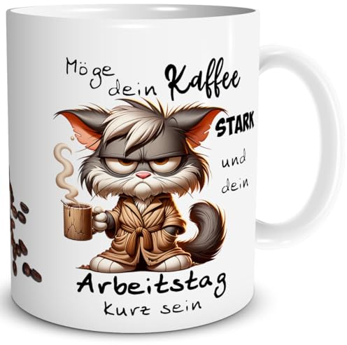 TRIOSK Lustige Katzen Tasse mit Spruch Möge dein Kaffee stark sein - Witziges Katzenmotiv Geschenk für Kaffeeliebhaber, Katzenfreunde & Morgenmuffel - Büro & Arbeit - Keramik 300 ml, Weiß