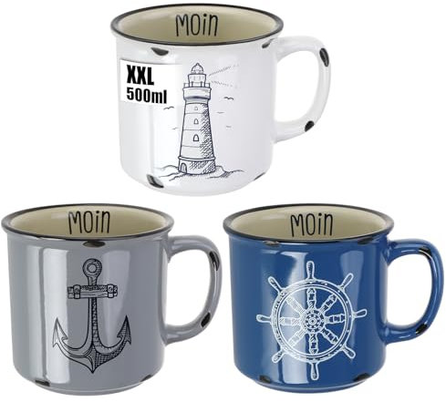 com-four® 3x XXL tazas de café de porcelana - taza para beber de 500 ml - tazas de café marítimas para el hogar y la oficina - cafetera para bebidas frías y calientes (3 piezas - blanco/azul/gris)
