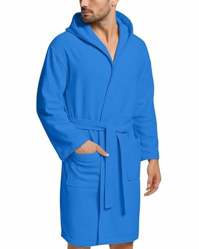 NARCISO - Peignoir Homme Femme en Microfibre Économique avec Poches, Capuche et Ceinture, Idéal pour la Maison, le Voyage, la Salle de Sport, Tissu Doux et Confortable, Tailles de S à XXL, Bleu royal