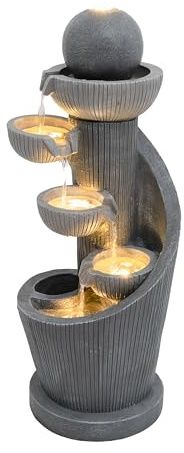 Fontana Cascata da Esterno in Poliresina Grigia con 4 Luci LED Bianche Calde, Pompa Elettrica, Cavo da 7m – Spiral Springs + Spazzola per Pulizia Inclusa