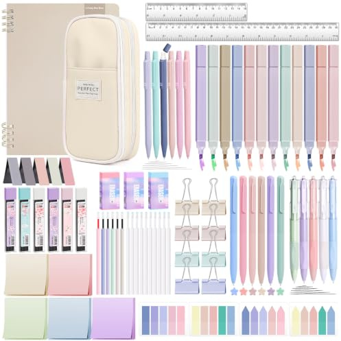 YIBONIKA 80 PCS Aesthetic Stationery Supplies with Cream Pencil Case, Notebook, 12 Pastel Highlighters, 6 Colour Pens, 5 Black Pens, 6 Mechanical Pencils, Stationery Set for School Office