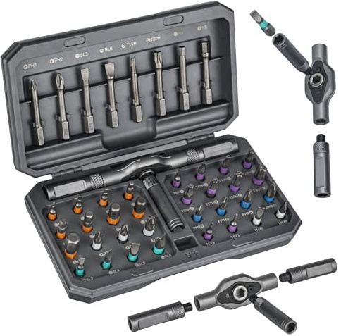 YYTECH 42 en 1 Jeu de tournevis, Jeu de Tournevis Magnétiques Multi-Embouts avec 40 Embouts, Poignée à Cliquet en T Amovible, Magnétiseur, jeu de tournevi à cliquet polyvalent avec étui de transport