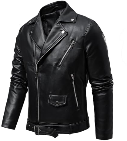 TONY BACKER - Perfecto Homme, Veste cuir homme, blouson de motard en similicuir avec ceinture, polyvalente, fermeture éclair en métal et poche intérieure