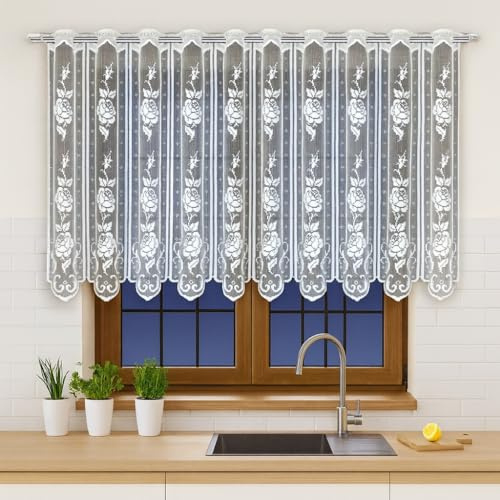 Gardinen Vorhangen Weiß Jacquard 100x100 cm (BxH) Harris Scheibengardine Bistrogardine Fertiggardine Küche Wohnzimmer Schlafzimmer Kalisz Qualität