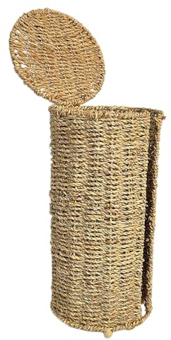 BAZEITFLOW Cesto Porta Fazzoletti da Bagno in Paglia Intrecciata Mano con Coperchio Organizer Rotondo per Carta Igienica e Articoli da Toeletta Contenitore Multifunzione per Bagno e Soggiorno