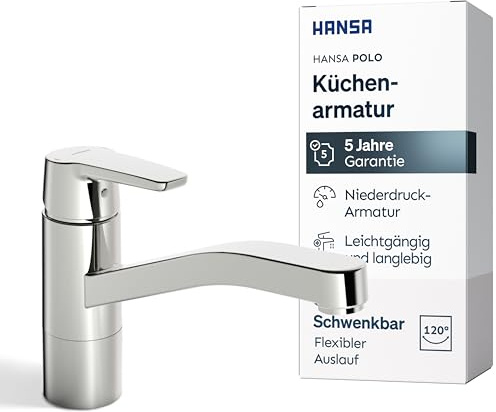 HANSA POLO Küchenarmatur Niederdruck | Armatur 120° schwenkbar I Hoher Auslauf für Töpfe | Wasserhahn Küche aus DZR-Messing I Temperatur & Durchflussbegrenzer I Schnelle Montage am Spülbecken | Chrom