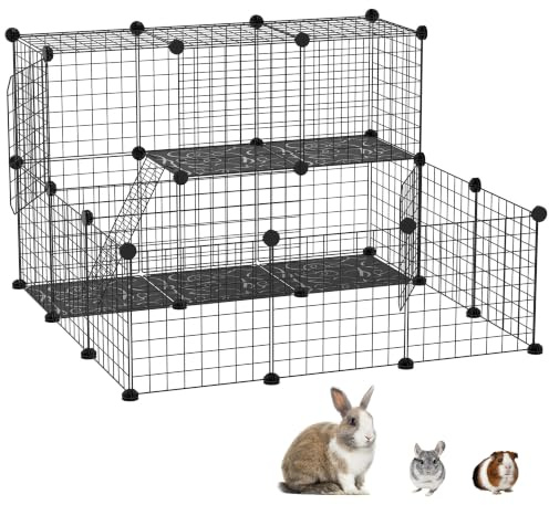PawHut Pet Playpen with Door, 24 Panels Guinea Pigs Metal Mesh Cage, Customizable Rabbit Run Fence for Small Animal, Chinchilla, for Indoor and Outdoor Use, with Mallet, 105 x 105 x 70 CM, Black