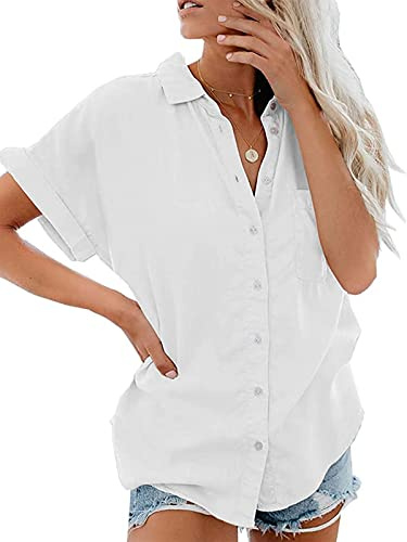 Xnova Camisa Manga Corta de Mujer Básica Blusa Botón Cuello en V Oversized Tops Sólido Essentials Shirt, Cuello con Solapa de Verano Camiseta con Bolsillo (Blanco,S)