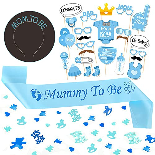 Blå babyshower-dekoration, pojke babyparty dekoration, det är en pojke konfetti för babyfest, mamma att vara krona, mamma att vara skärp, 25 stycken pojkar fotobox tillbehör