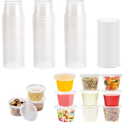 Surflyee 50 Pack Containers with Lids, 100ML 4OZ Sauce Pots, Leakproof, Small Plastic Pots for Takeaway Food, Dip, Soup, Salad, Condiment