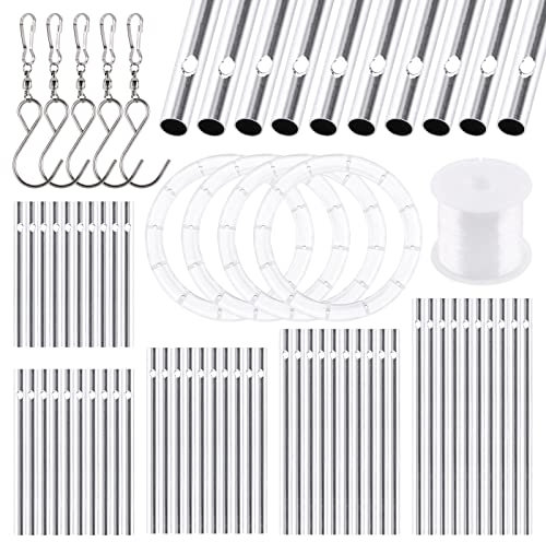 Glarks Kit di 60 campanelli a vento, inclusi 50 tubi a vento da 11.5 cm, 10 cm, 7 cm, 5 ganci girevoli con filo per carillon a vento da 100 m e 5 cerchi superiori per decorazioni per casa e giardino