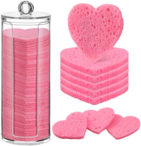 Sieral 120 Pcs Compressed Facial Sponges with Container Disposable Face Sponge Pads for Washing Face Cleansing Exfoliating Esthetician Makeup Removal(Heart,Pink)