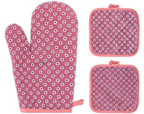 Set di 1 guanti da forno e 2 presine da Cucina in Cotone con Motivo a Disegno Fiori - Guanti da Forno Resistenti al Calore per Microonde, Barbecue e Pentole