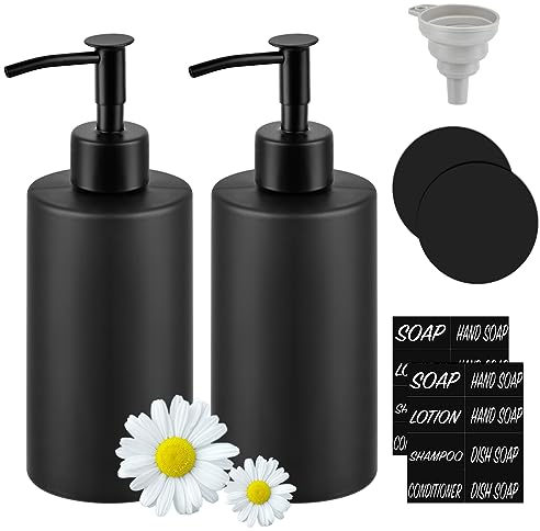 Seifenspender Schwarz Matt TIMESETL 2er Seifenspender Glas 350ml Glasflaschen mit Edelstahl Pumpe zum Befüllen Seifenflasche Schwarz Glas Shampoo Flaschen Glas mit Untersetzer, Trichter, Stickern
