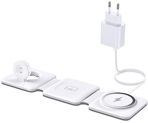 Mag-Safe Ladestation Für iPhone Wireless Charger - 3 in 1 Faltbare Kabelloses Ladegerät Kompatibel mit iPhone 16 15 14 13 12 Pro Max Plus, Travel Charging Station Für Apple Watch & Air Pods (Weiß)