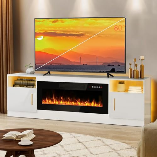 Lemberi - Soporte de TV para chimenea con chimenea de 36 pulgadas de hasta 80 pulgadas, centro de entretenimiento y almacenamiento con luz LED, consola de TV moderna de madera de 70 pulgadas con