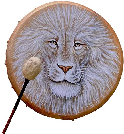 Tambor Chamán Hecho a Mano con Patrón de León, Instrumento Espiritual para Curación con Sonido (León)