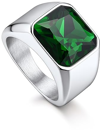 Bandmax Bague Homme Ḗmeraude de Synthèse Taille 62, Bague Acier Inoxydable Solitaire en Verre de 12mm