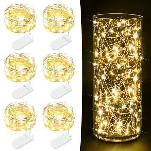 6 Pack Fairy Lights Battery Operated - 7ft 20 LED Twinkle Lights Copper Wire Mini String Lights Firefly Lights for Mason Jars DIY Crafts Christmas Wedding Party Centerpiece Table Decor, Warm White