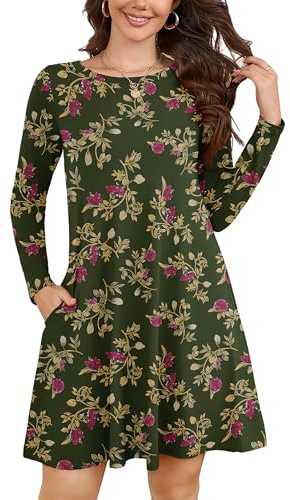 KORSIS Women Long Sleeve T-Shirt Dress Floral Round Neck Casual A-Line Loose Vocation Christmas Tunic Dresses with Pockets L