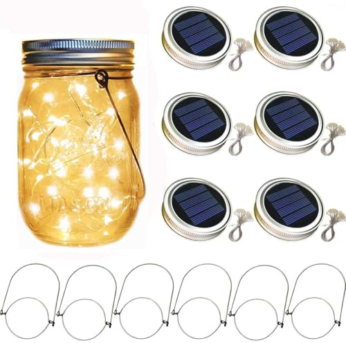 Solar-Einmachglas-Deckel-Lichter, 6 Stück, 30 LEDs, hängende Einmachglas-Lampe, Feen-Lichterkette, mit Aufhängern (ohne Gläser)