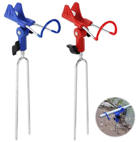 Aoreun 2 Pièces Repose Canne à Pêche en Acier Inoxydable, Support Réglable à 360° Détachable pour Rivière et Plage (Rouge, Bleu)