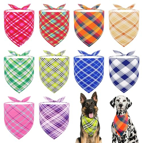JpGdn 10Pcs Pack Large Dog Bandanas Plaid pattern for Large Extra Large Dogs Kerchief Washable Triangle Bibs Scarfs for Boys and Girls Pet Grooming Accessories