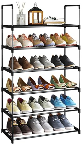 NIAWECAN 6 Tier Shoe Rack, Metal Shoe Organiser, Slim Shoe Racks Storage, Narrow Shoes Rack, Adjustable Shoe Shelf, Shoes Stand for Hallway, Entryway, Bedroom, Wardrobe, 58 × 28 × 109cm, Black