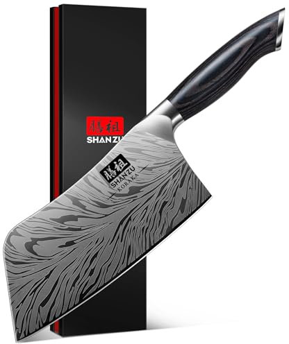 SHAN ZU Coltello da Cucina Professionale 18 cm - Acciaio Giapponese a Polvere 63 HRC - Mannaia da Cucina con Lama a 12° e Manico in Pakkawood - Coltelli Multiuso per Carne, Pesce e Verdure