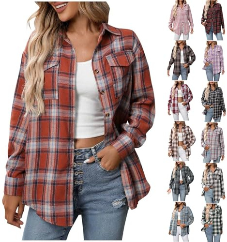 Women Plaid Shirt,Ladies Checked Lapel Long Sleeve Button Down Tartan Flannel Shirts with Pocket Office Work Blouses Fall Winter Comforty Jackets Casual Loose Coats Boyfriend Tops UK Size 8-16