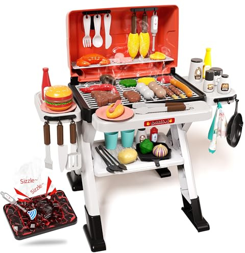 STACTCUTE Kids BBQ Grill Playset with Realistic Steam, Sound & Lights - 60Pcs Pretend Play Kitchen Food Toy for Toddlers Boys Girls for 3-5+ - Sturdy Double-Layer Outdoor Backyard Cooking Set Gift