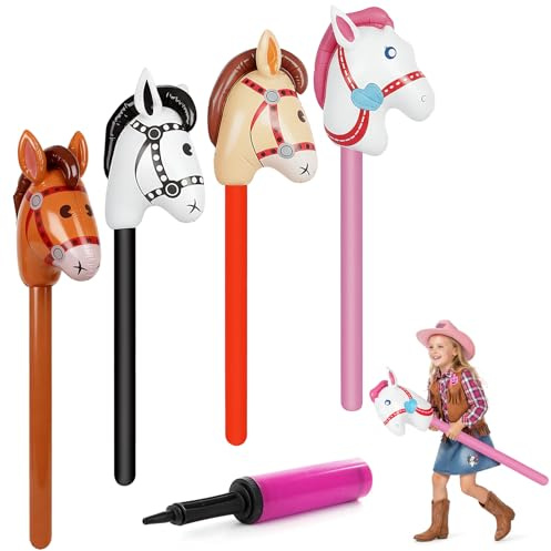 kodivenj 4Pcs Inflatable Horse, 37 Inch Inflatable Horse Stick with Manual Pump, Blow Up Horse Easy to Inflate for Themed Birthday Parties Outdoor Party Games (Coffee, Red, Pink, Black)